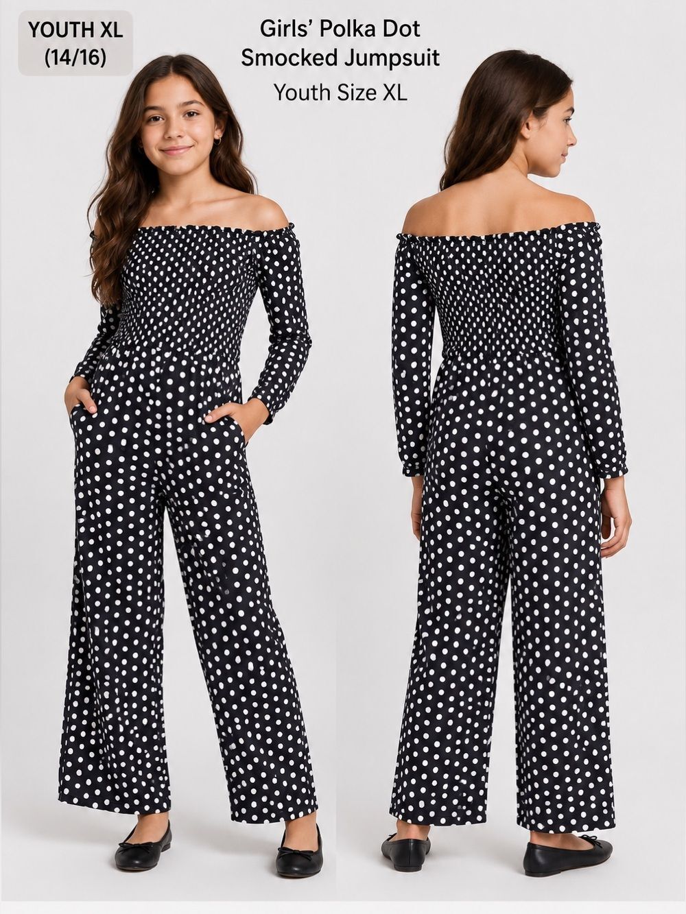 Girls' Polka Dot Off the Shoulder Smocked Jumpsuit - Black XL